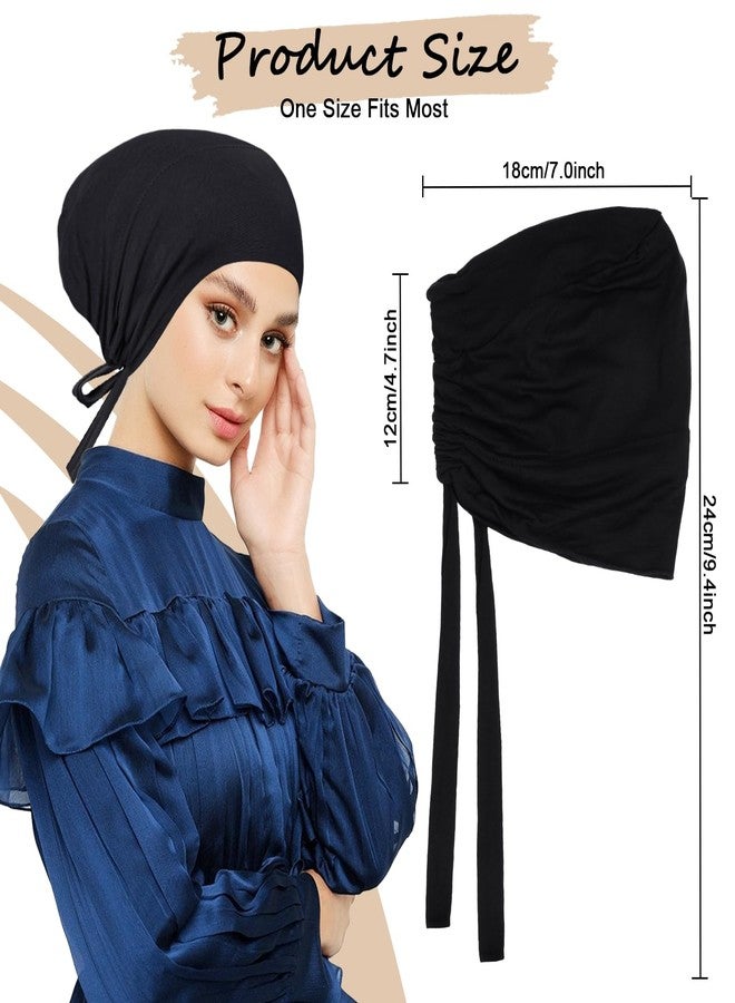 XEPST 2 PCS Hijab Undercap for Women, Satin Undercap for Hijab Islamic Muslim Under Hijabcap Modal Head Wraps Tie Back Bonnet Inner Head Scarf Turbans for Women Chemo Hat Sleep Cap, Black+Khaki - Image 2